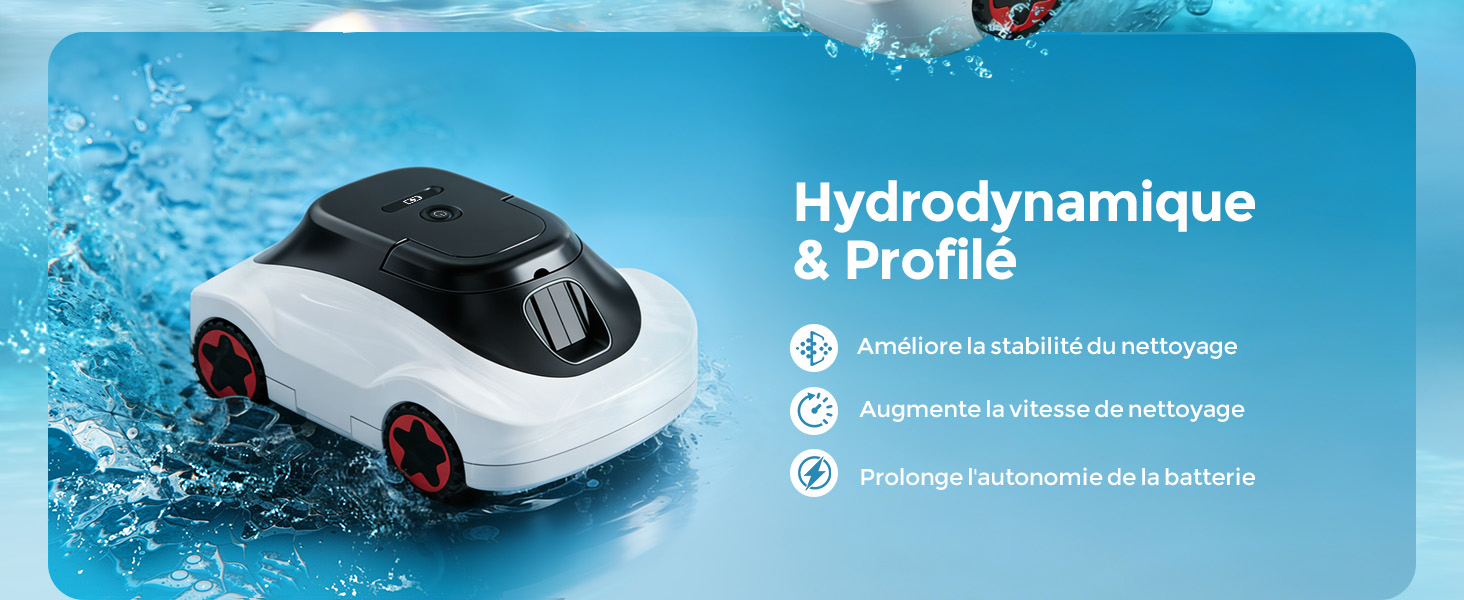 Le texte se lit comme suit : « Hydrodynamique et profil ». Vue sous-marine d'un appareil robotique blanc au design épuré sur fond d'eau bleue.