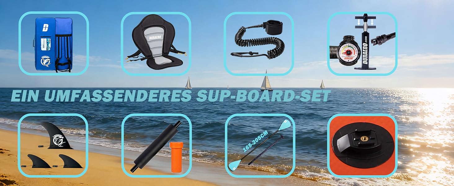Le texte indique « EIN UMFASSENDES SUP BOARD SET ». Bannière bleue montrant les icônes de l'équipement de paddleboard, notamment la planche, la pagaie, la pompe et le sac de transport.