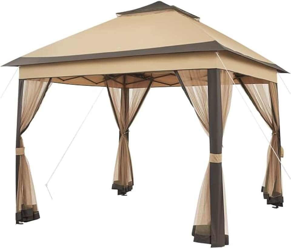 jardinito - tonnelle jardin série kaki/brun - 3,3x3,3m - moustiquaires, toile imperméable