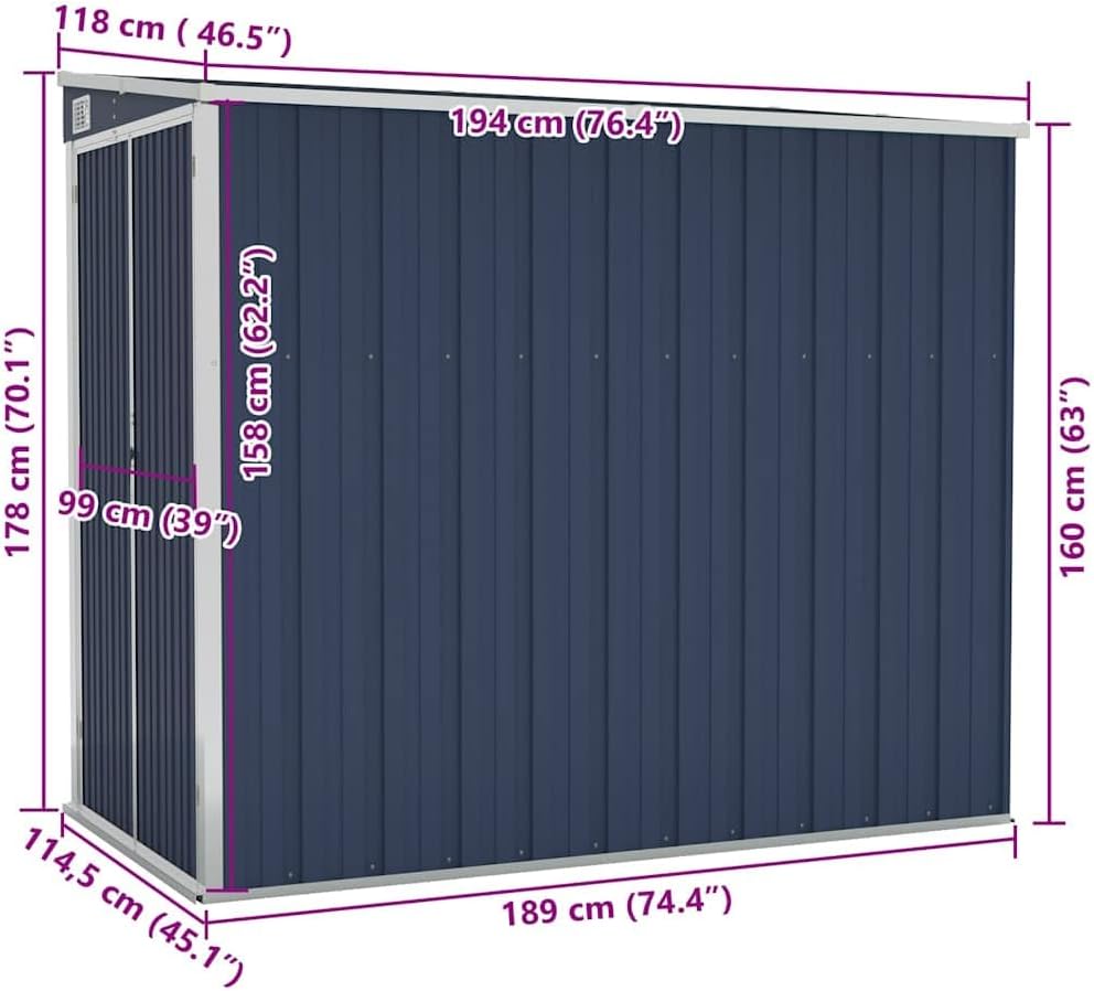 jardinito Abri de Jardin Mural Anthracite 118x194x178 cm Acier