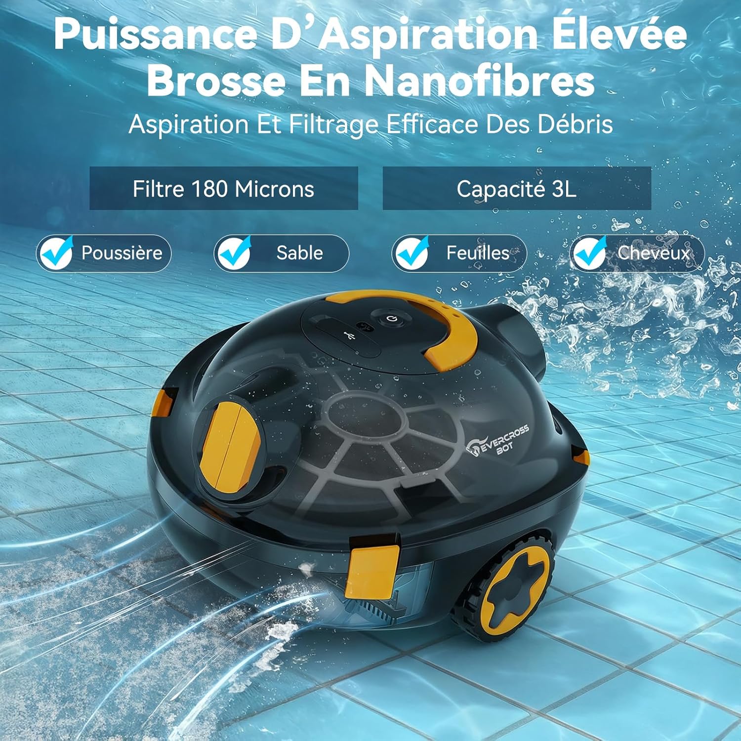 Y10 Robot Piscine, Robot Piscine sans Fil pour Le Nettoyage des Sols, Robot pour Piscines Hors Sol 100Min &120㎡, Stationnement Automatique, Robot Aspirateur Piscine Filtre 180μm (Noir)