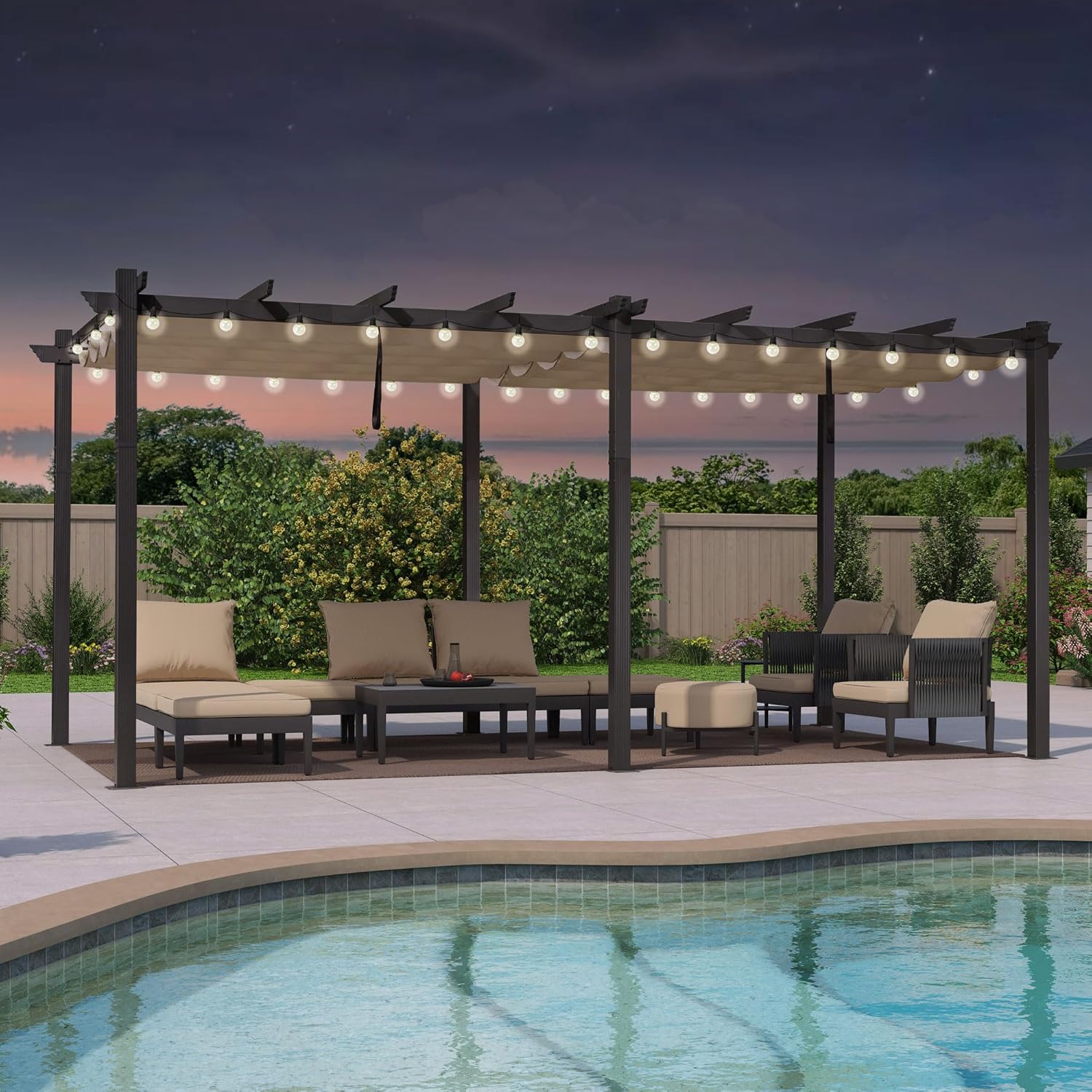 jardinito - pergola aluminium 5,5x3,5m toit rétractable LED kaki