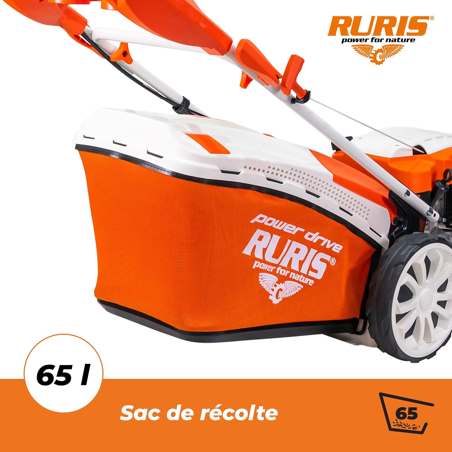 RURIS Tondeuse à Gazon Thermique RX300S 3,5 CV – Largeur 46 cm, Autopropulsée, 5 Fonctions - Ramassage, Éjection, Mulching, 1500 m², Moteur 4 Temps, Bac 65L
