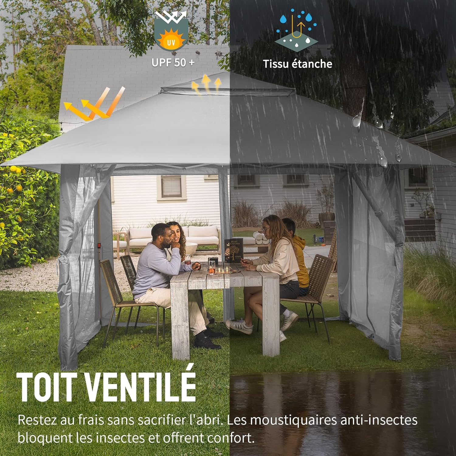 jardinito - tonnelle jardin pop up - 4x4 m - double toit, côtés maille, hauteur réglable
