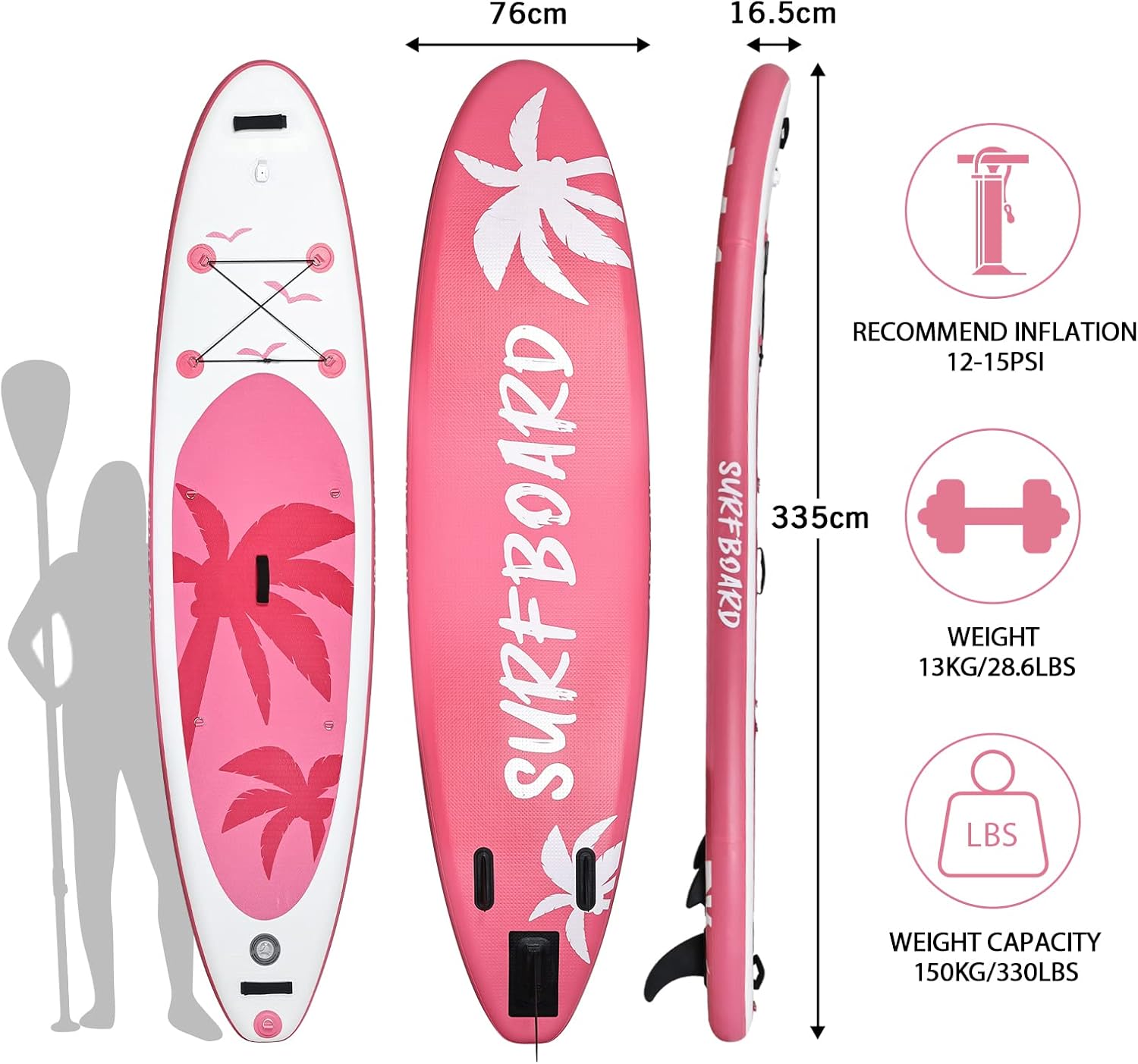 jardinito - Paddle gonflable adulte - 320/335cm - 2 places, siège kayak, pagaie alu, support caméra, pompe, 150kg