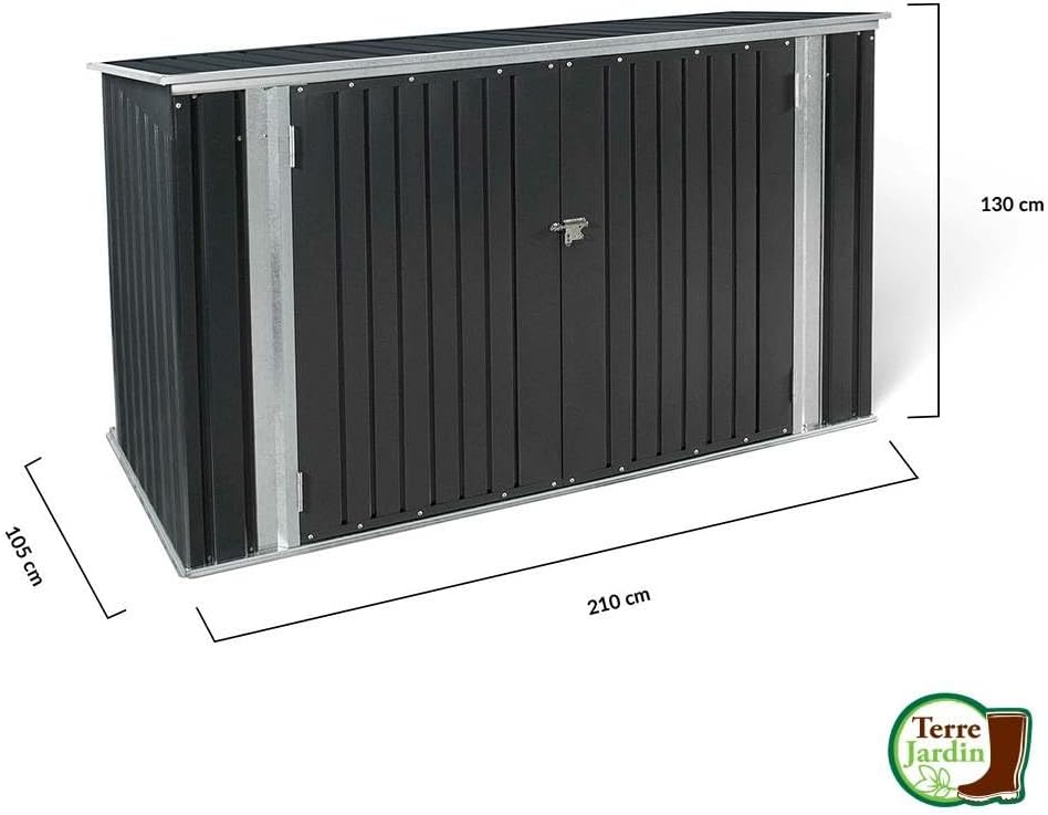 jardinito - Abri de jardin métal 210x105x130cm - toit ouvrant, double porte, rangement vélos