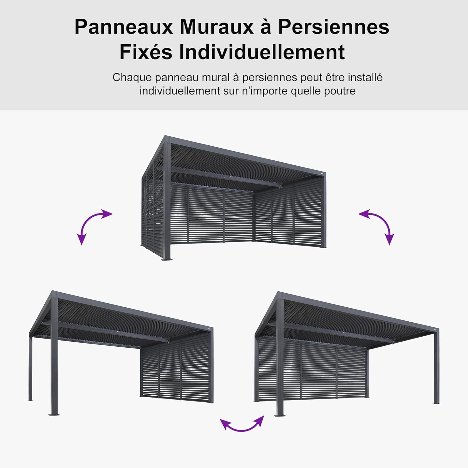 jardinito - Pergola bioclimatique série aluminium - 4,8x3,68m - lames orientables, persiennes fixes, gris