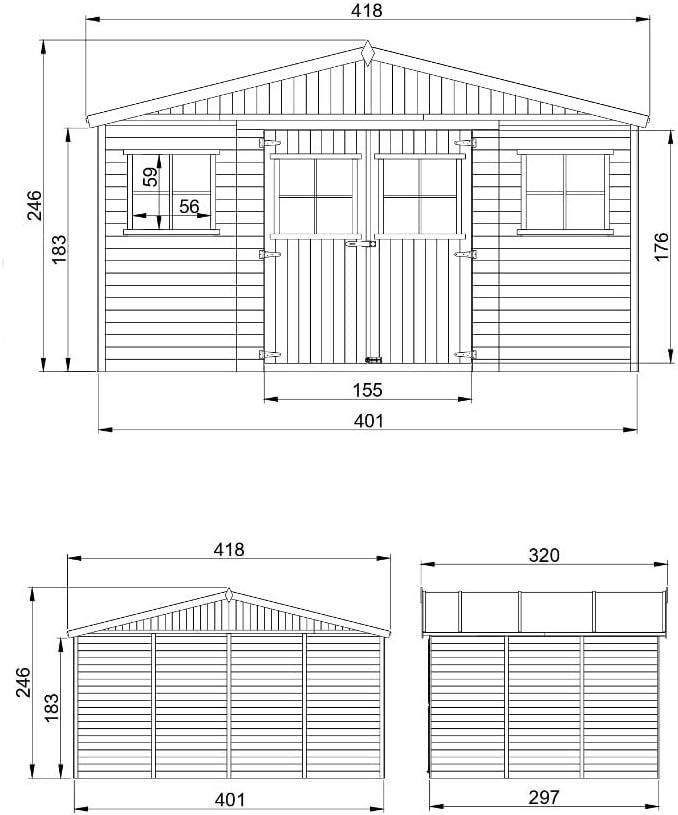 Abri de Jardin en Bois Exterieur avec Plancher IMPRÉGNÉ- Chalet en Pin/épicéa-H246x418x320 cm/12 m²- Construction de Panneaux - Rangement pour vélos, Remise à Outils- jardinito M331+M331G