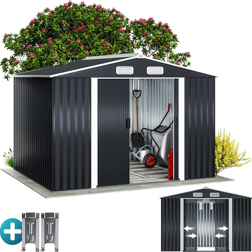 Abri jardin métal XXL - 260x205x180cm - Porte coulissante, fondation, rangement outils -  jardinito