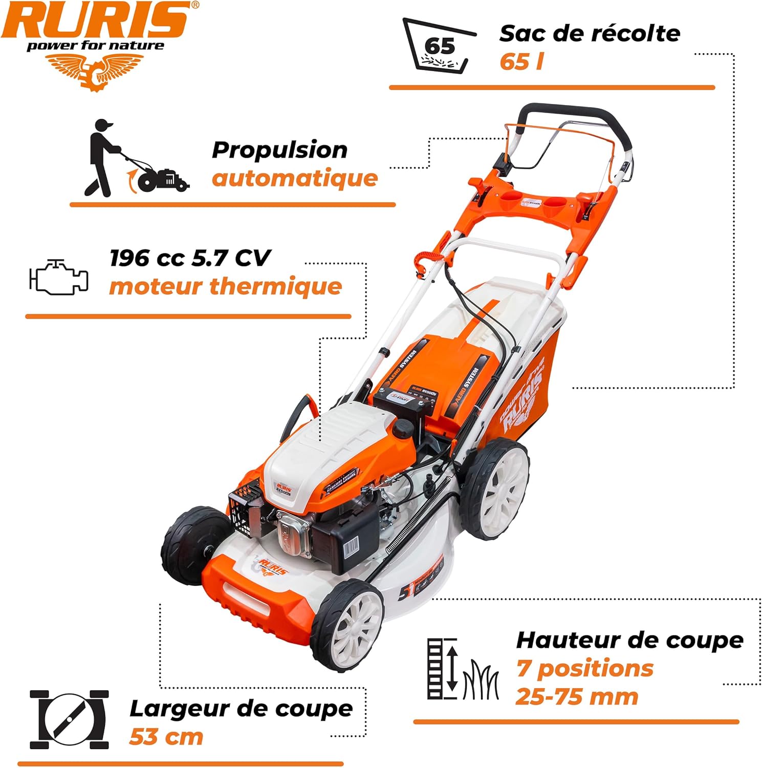 jardinito Tondeuse à Gazon Thermique 5 en 1 Mulching 5,7 CV 196cc RX500S, Orange