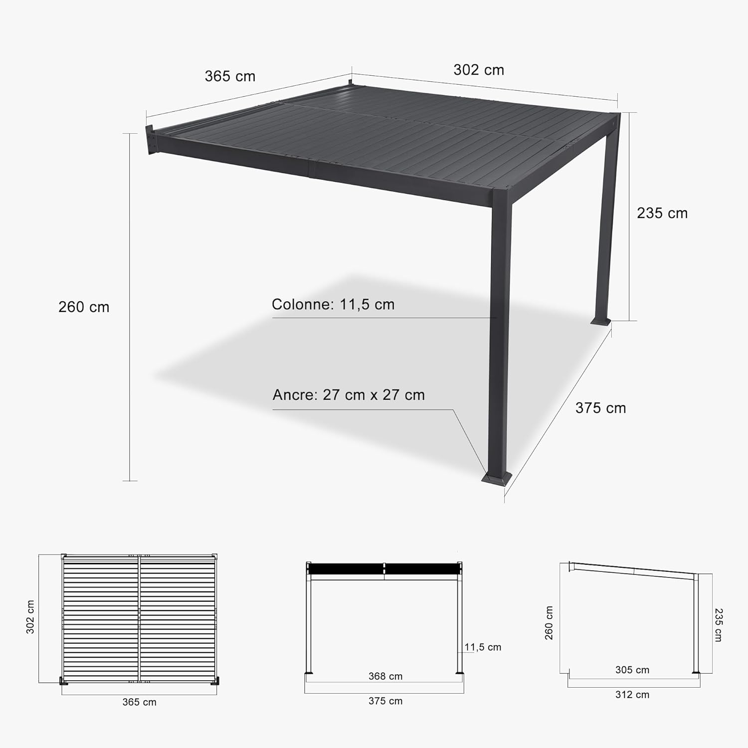 jardinito - Pergola adossée 3x3.65m aluminium lames orientables durable