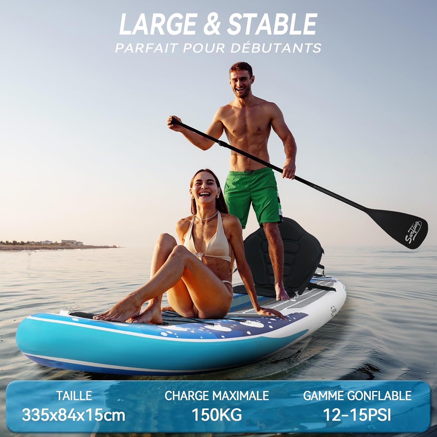jardinito - Paddle gonflable 320/335cm - 2 personnes, siège kayak, jusqu'à 150kg