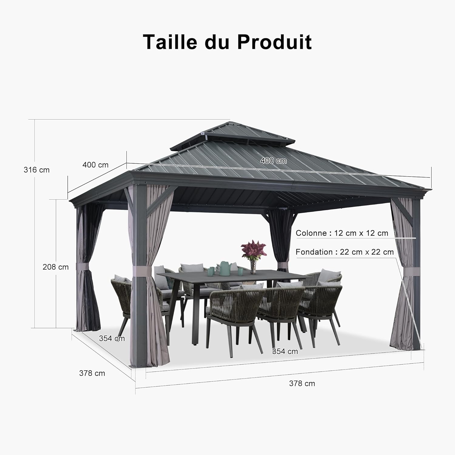 jardinito - tonnelle double toit acier 4x4m, rideaux, moustiquaire