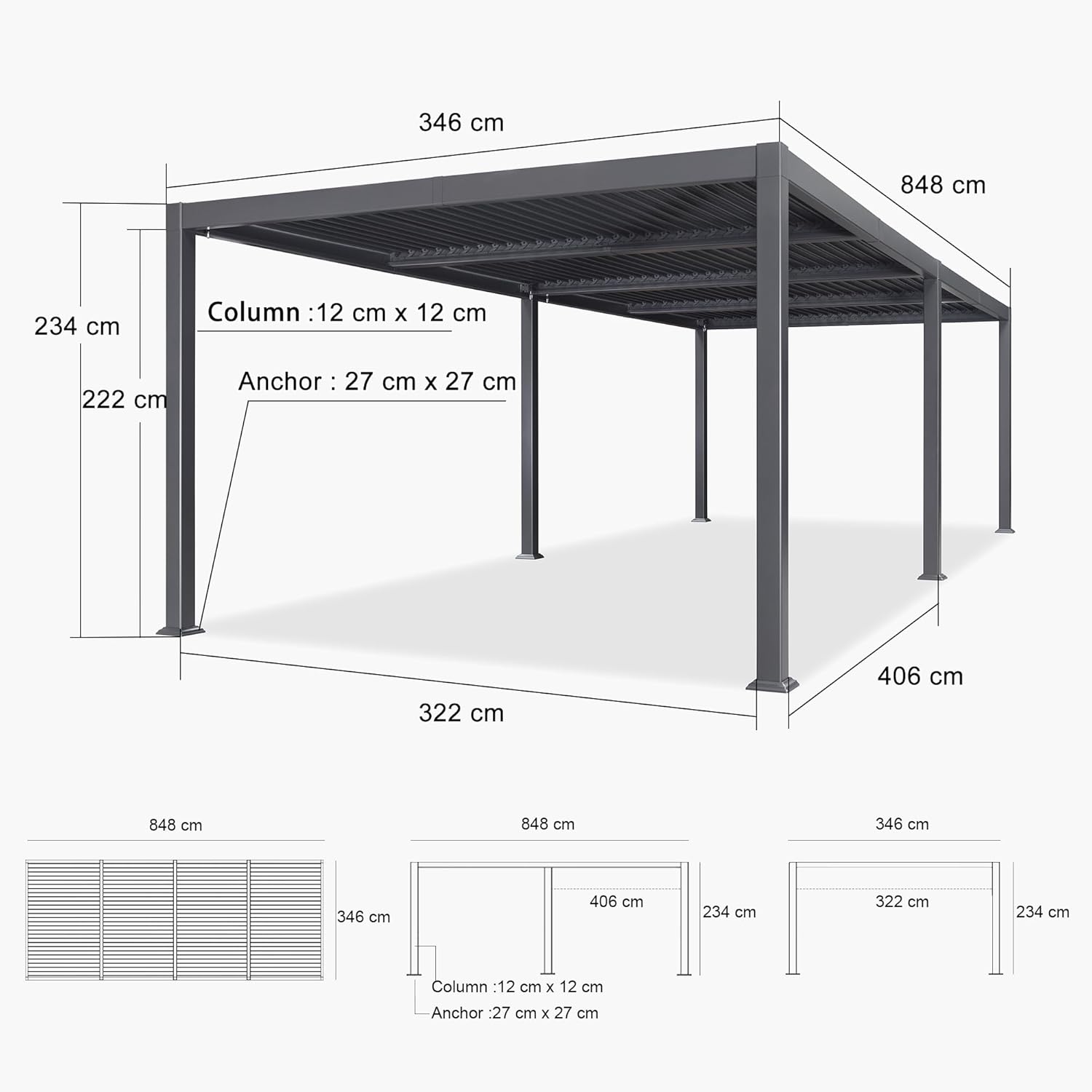 jardinito - Pergola bioclimatique série - 3,5x8,5m - aluminium, lames orientables, jardin, terrasse, gris