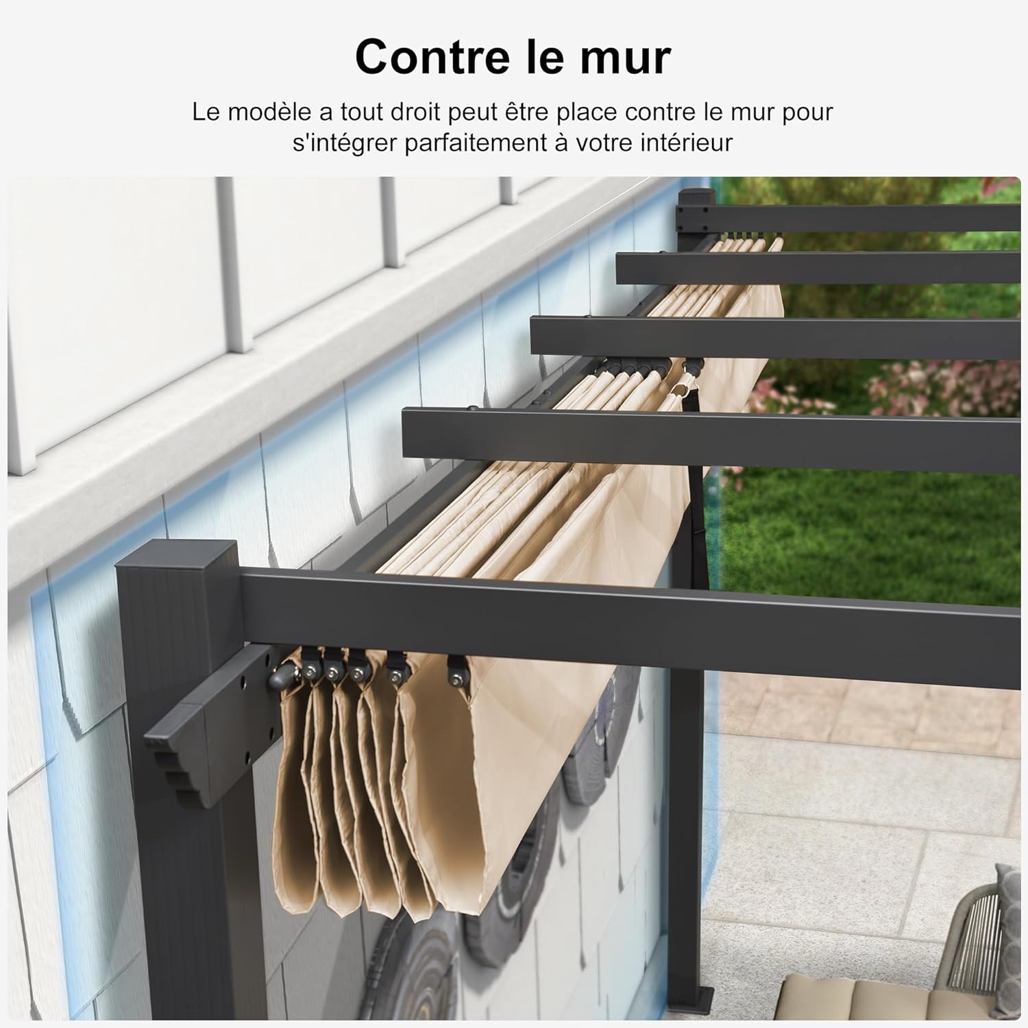jardinito - Pergola murale - 4 x 2,7 m - toit coulissant alu, tissu kaki