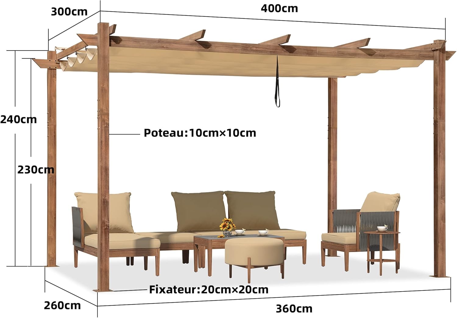 jardinito - Pergola aluminium 4x3m, toit rétractable, éclairage intégré, finition teck, kaki