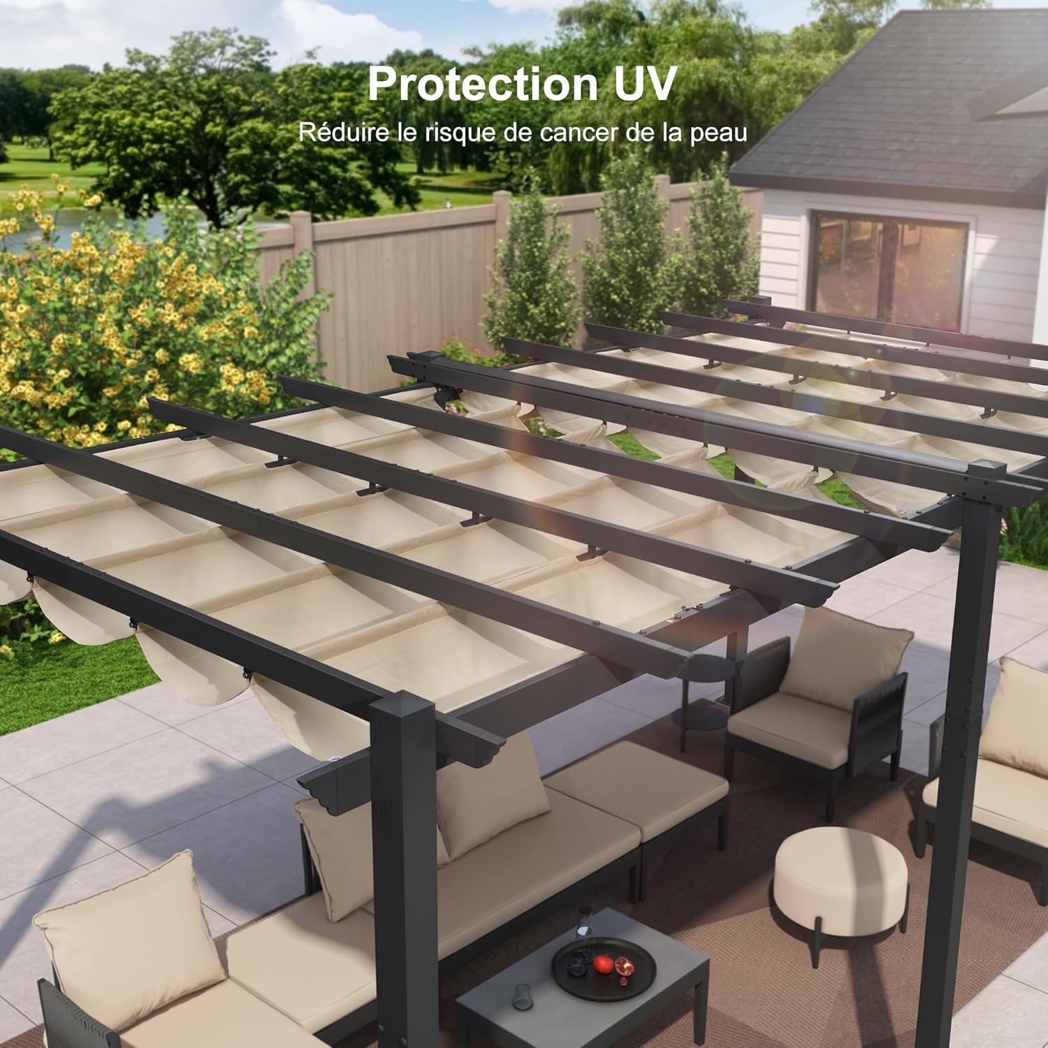 jardinito - Pergola aluminium série - 5,5x3,5m - toit coulissant, tissu teint en fil, kaki
