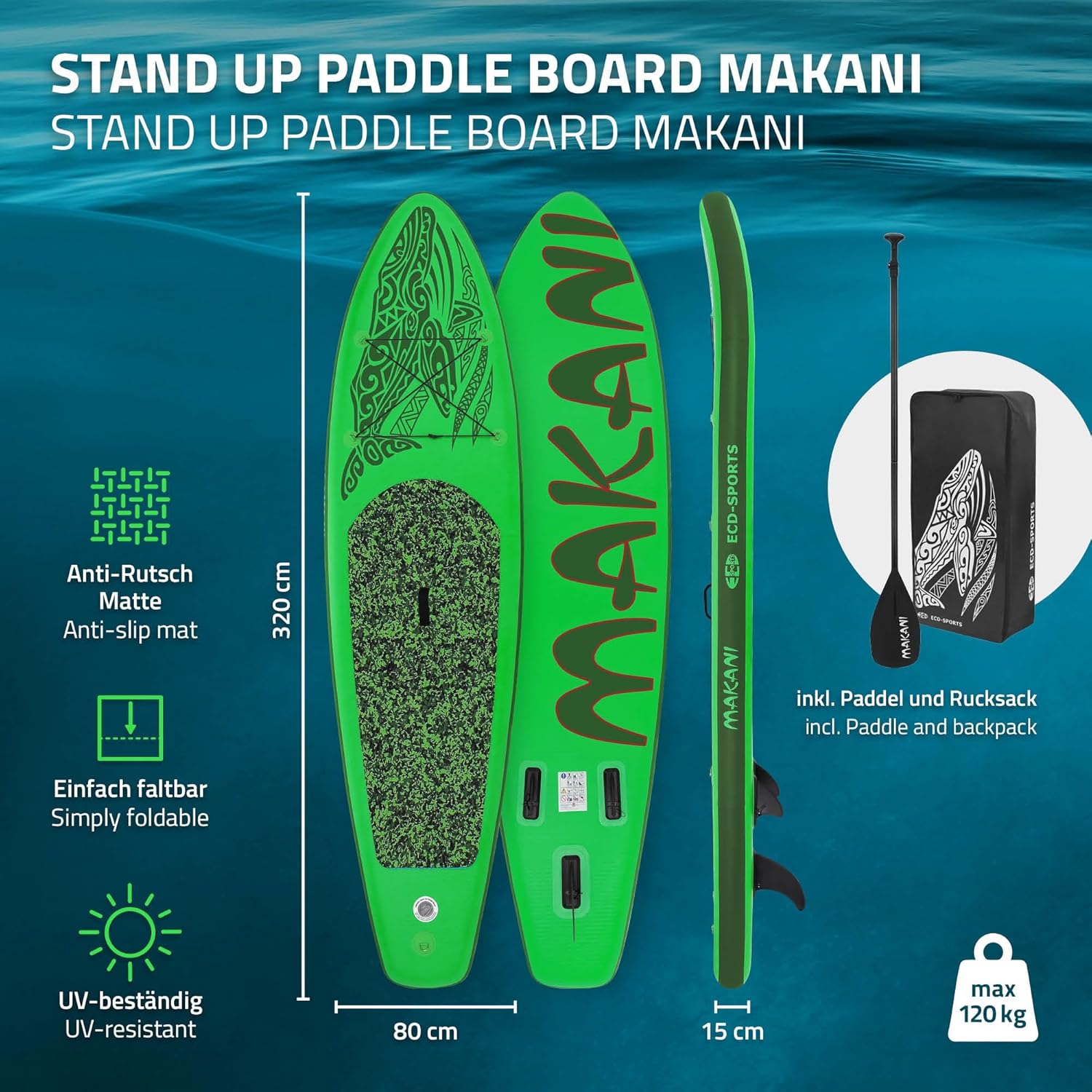 jardinito - planche stand up paddle - 305/308/320/380 cm - PVC, jusqu'à 150 kg, 10/15 cm d'épaisseur
