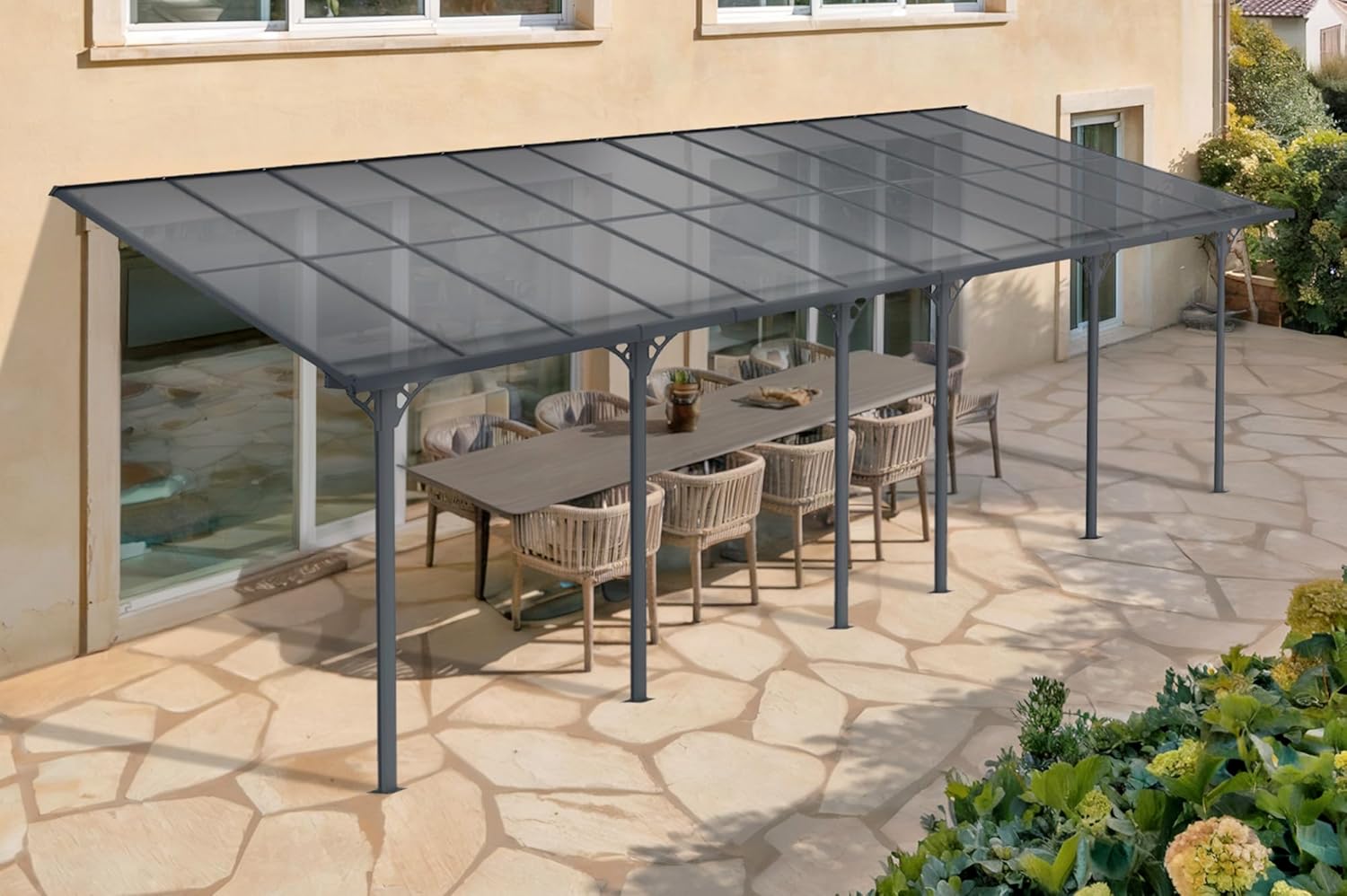 KLEO - Pergola adossée aluminium - 7,48x3 m - Polycarbonate, gouttière, gris RAL 7016 - résistance vent 40 km/h, UV30+