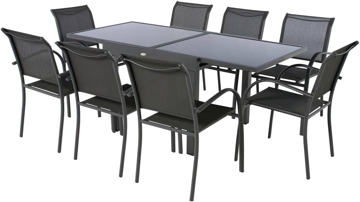 jardinito - Table Piazza Gris Graphite extensible 8 places - Aluminium anti-rouille, verre trempé, rallonge coulissante.