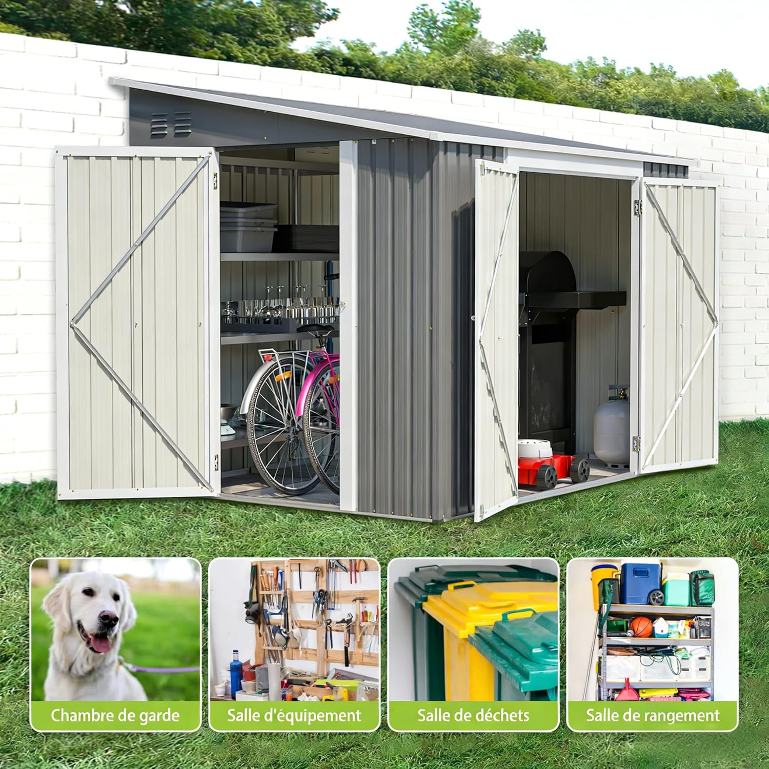 Abri de Jardin Métal 1,8 x 2,4 m – Double Porte Verrouillable avec Sol Inclus – Résistant aux Intempéries pour Rangement des Outils de Jardinage, Tondeuse et Vélo