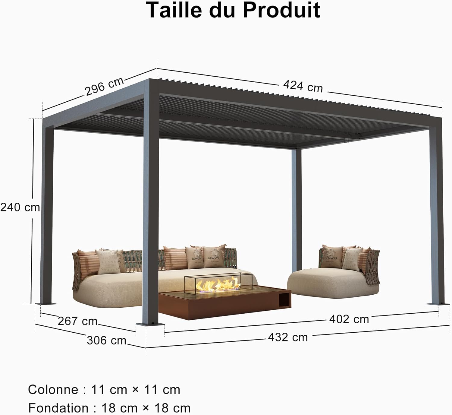 jardinito Pergola Bioclimatique 4,24 x 3 m Pergola Aluminium Lames Orientables Superficie 12,72 m² Tonnelle de Jardin Exterieur Belvédères pour Patio Terrasse Exterieur, Gris