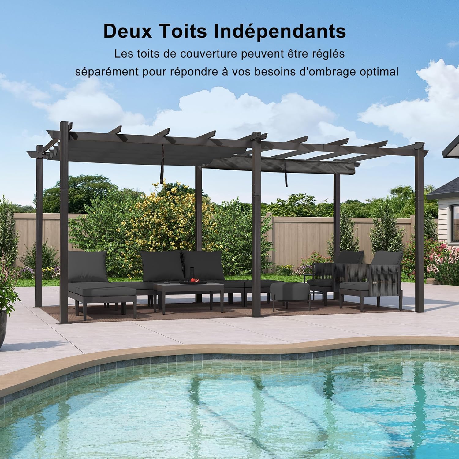 jardinito - Pergola Aluminium - 5,5 x 3,5 m - Toit coulissant, tissu teint en fil, gris