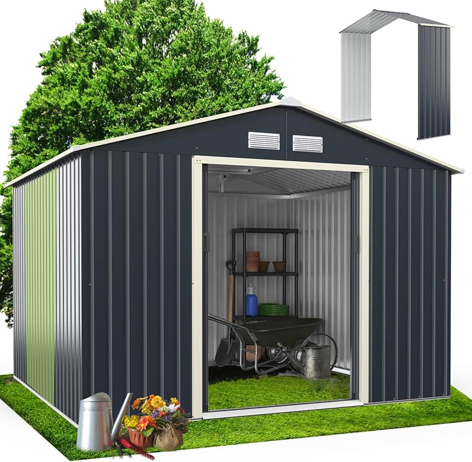 jardinito Abri de Jardin Métal 7m2 avec Abri d'Extension Porte Coulissante, Cabane de Jardin Extérieur 267x256x202cm Outils de Jardin résistant aux intempéries, KX7177KV+FR