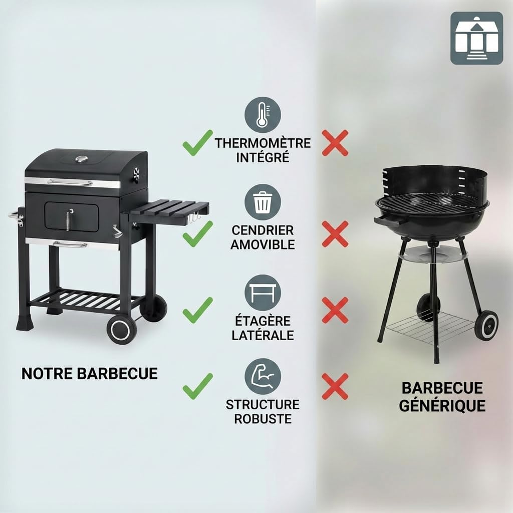 jardinito - Memphis - acier, grille, tablette pliable, roulettes, thermomètre, bac à cendres