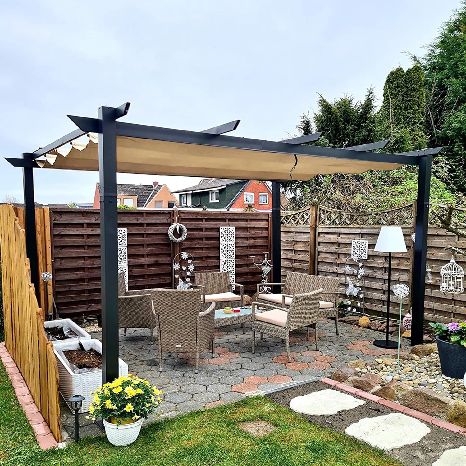 jardinito - Pergola Kaki - 4x3m aluminium, toit rétractable, imperméable