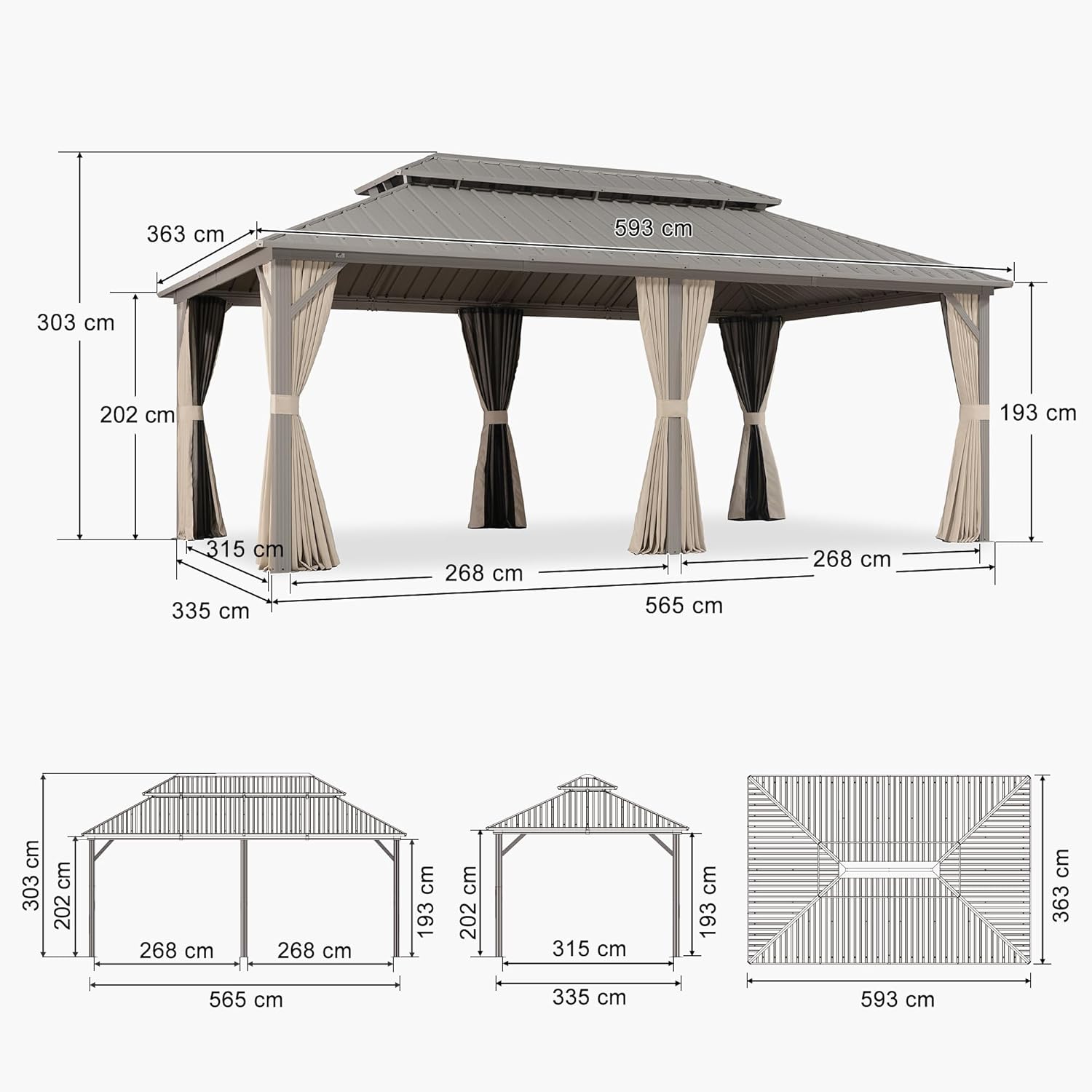 jardinito - Pergola série Champagne - 6 x 3,65 m - aluminium, toit acier, moustiquaire et rideaux