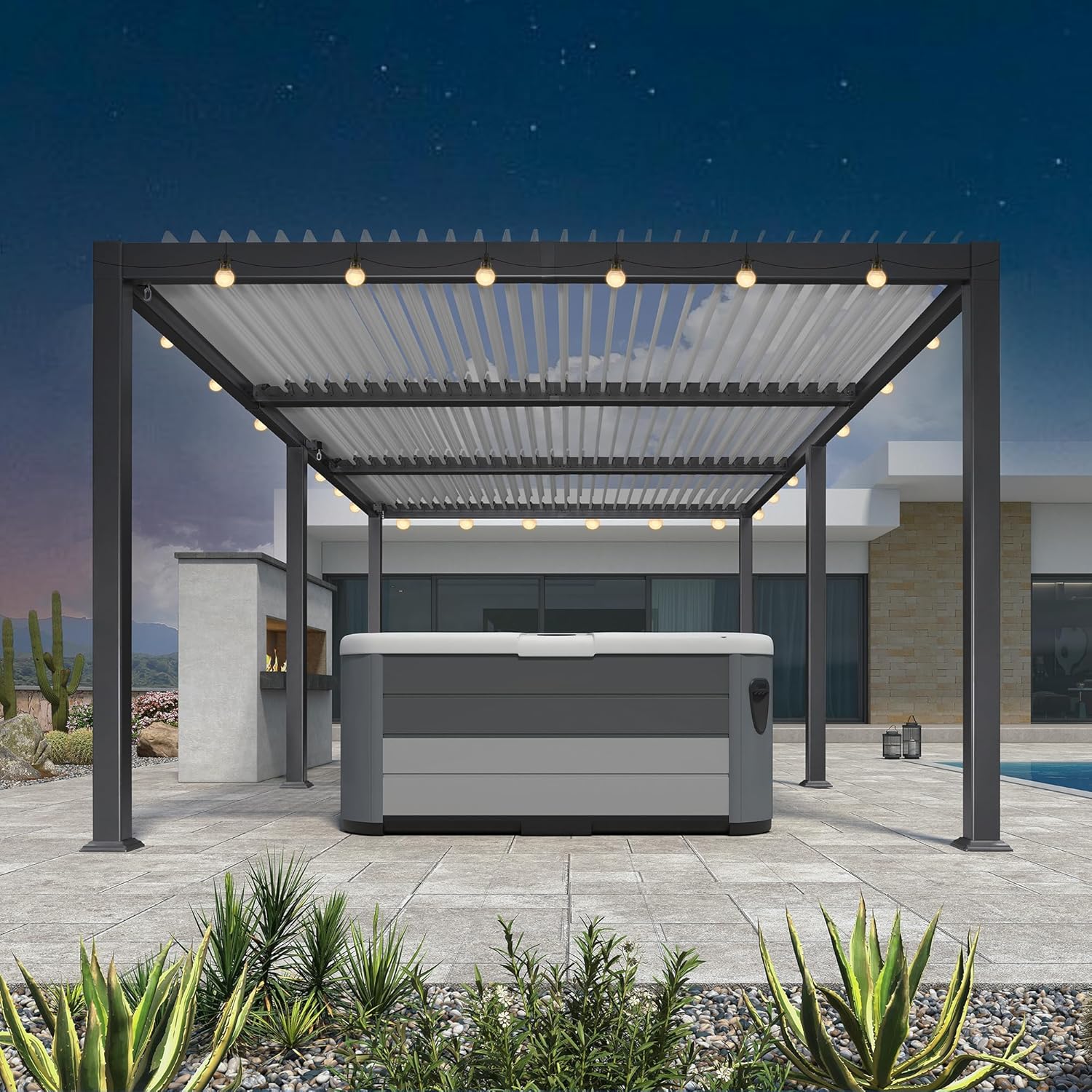 jardinito - Pergola Bioclimatique - 6,35x3,5m - Aluminium, éclairage, lames orientables, poteaux blancs