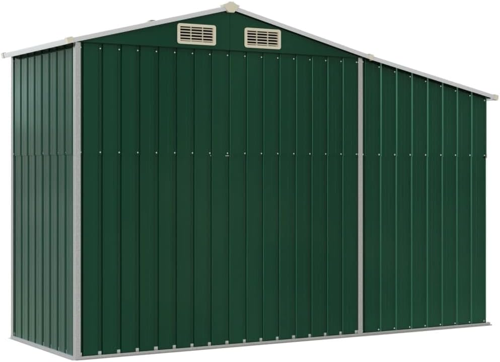 Abri de jardin vert 277 x 93 x 179 cm en acier galvanisé avec toit incliné et ouvertures d'aération pour outils de jardin et stockage du bois de chauffage