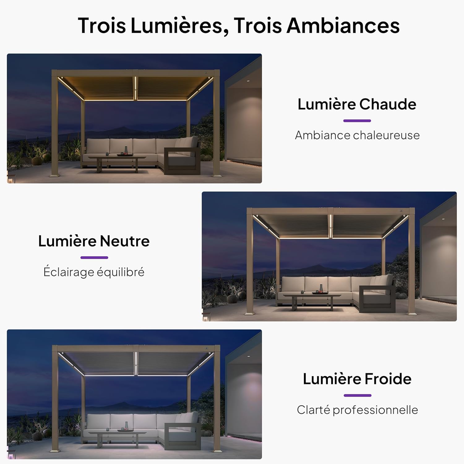 jardinito - Pergola bioclimatique - 3x3,65m - LED, alu, lames orientables, étanche, anti-UV