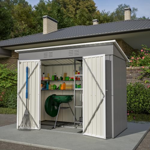 Abri de jardin en métal 229x111 cm – Gris, résistant aux intempéries avec cadre de fondation et porte verrouillable, pour vélos et outils, remise 8x4 pi