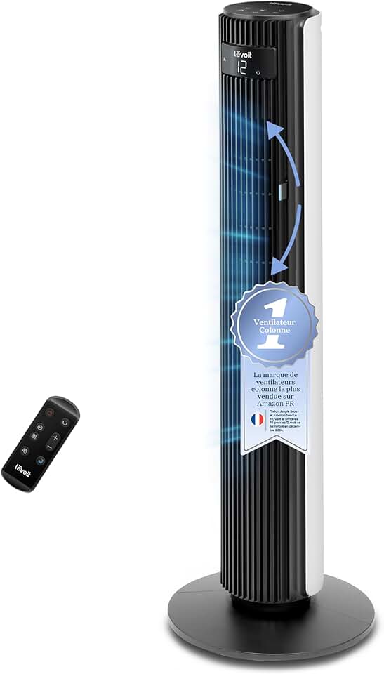 jardinito - Ventilateur colonne série silencieux - 7.9m/s, télécommande, 12 vitesses, oscillation 90°, ajustement hauteur,