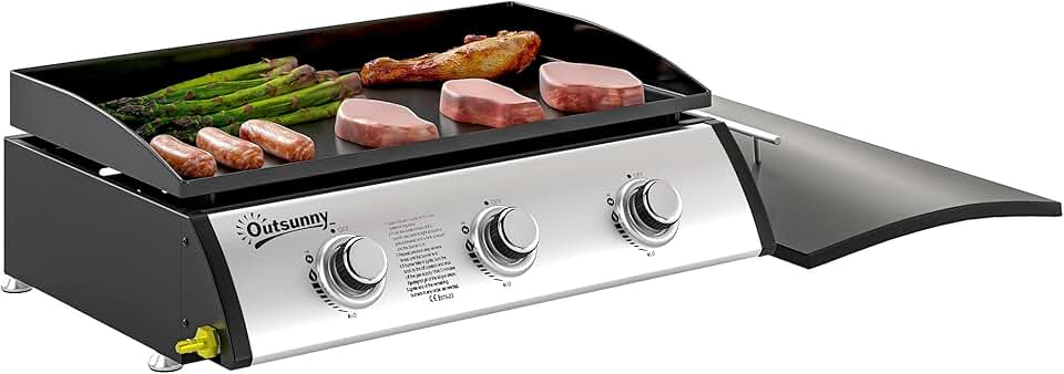 jardinito - Plancha gaz 3 brûleurs, 61x35,5cm, couvercle, portable, 7,5kW