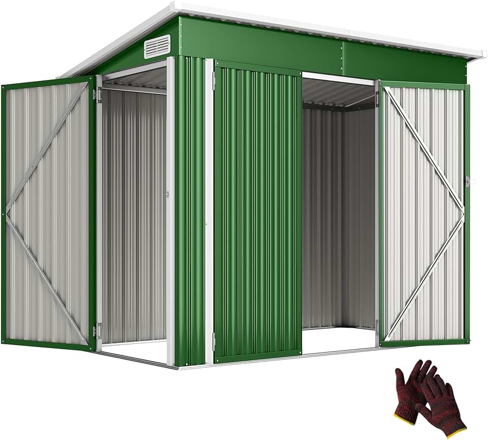 jardinito - Abri de jardin métal - 234x132x185 cm - Triple porte, toit incliné, serrure, ventilation