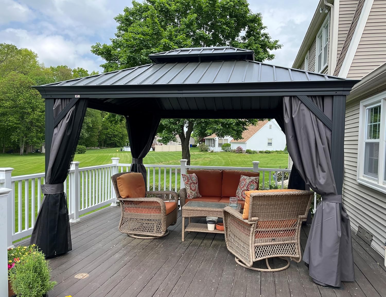 jardinito - pergola double toit acier 4x3m, moustiquaire, rideaux