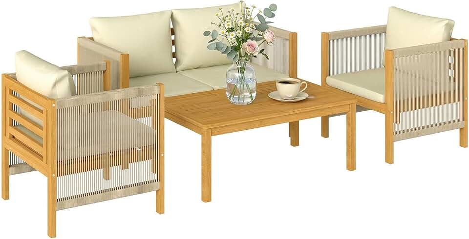 jardinito - Salon de Jardin en Bois d'Acacia 4 pièces - Canapé, fauteuils, table - Coussins déhoussables, corde tressée, 
