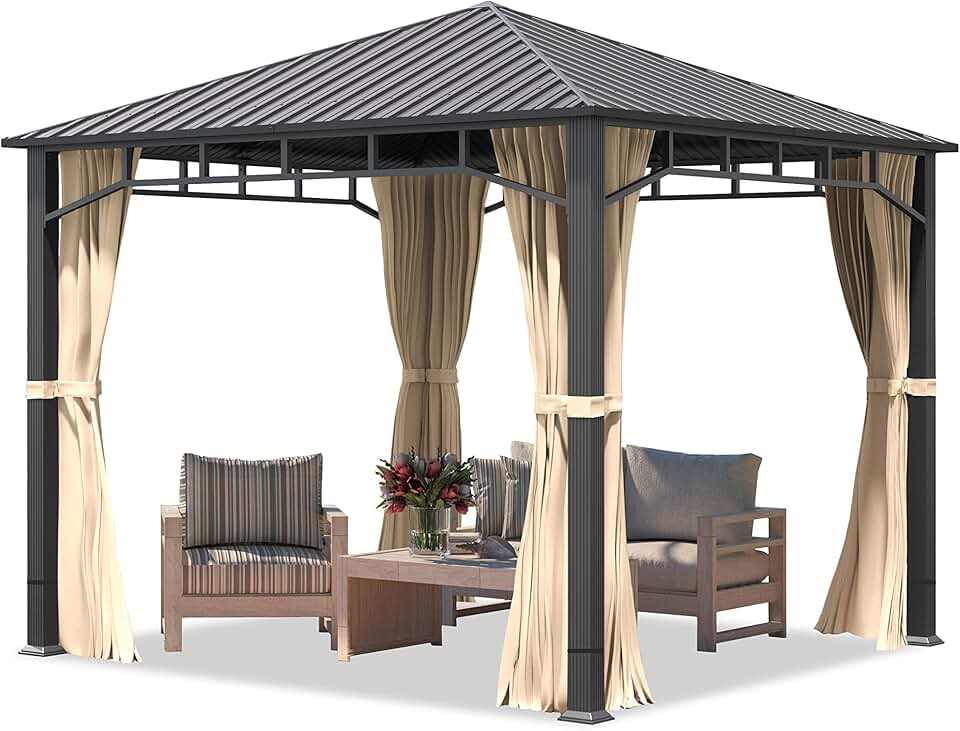 jardinito - tonnelle de jardin série acier - 3x3m - toit acier, 4 parois champagne, montants 90x90mm