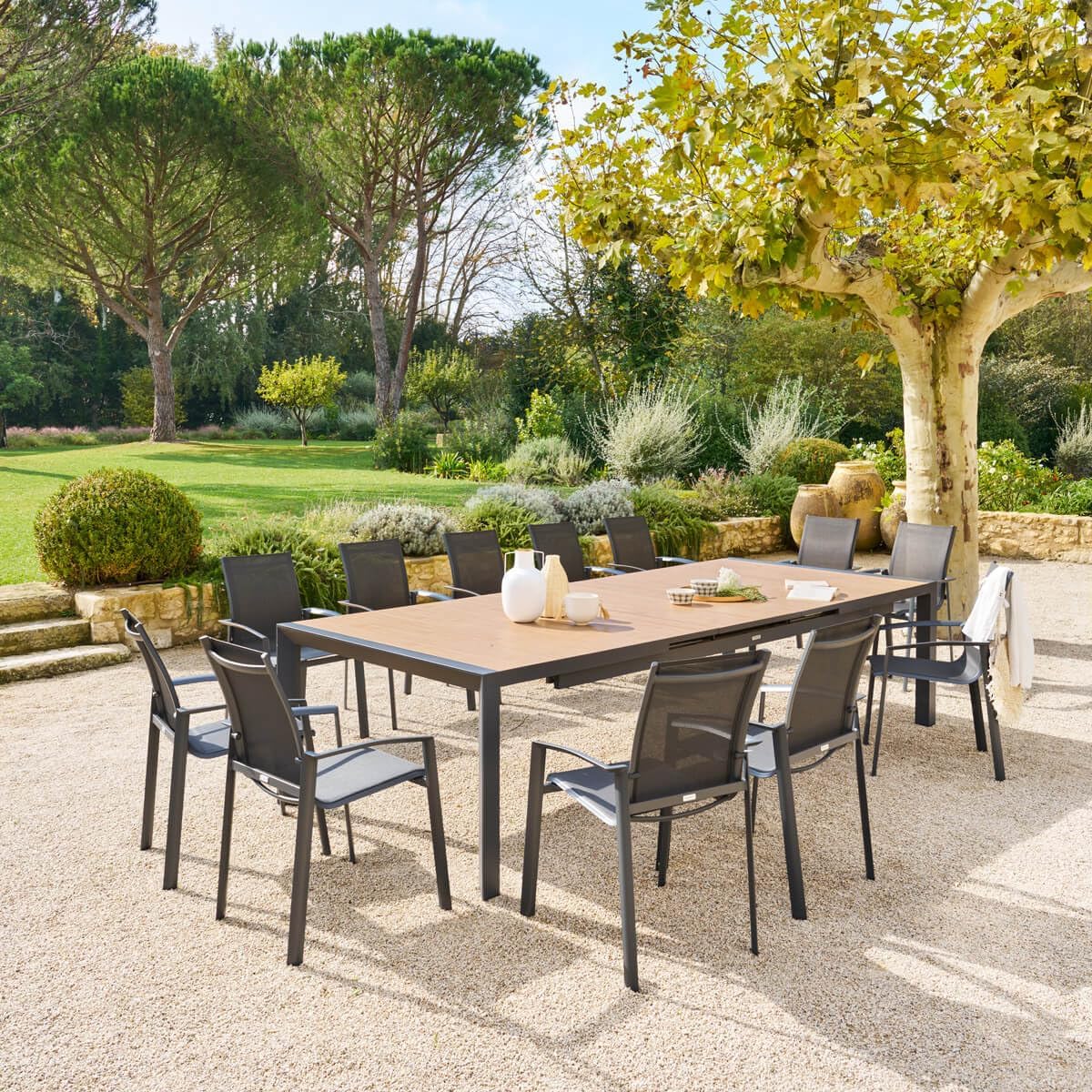 jardinito - Evasion - grande table extensible 14 places - aluminium effet bois, rallonge, extérieur