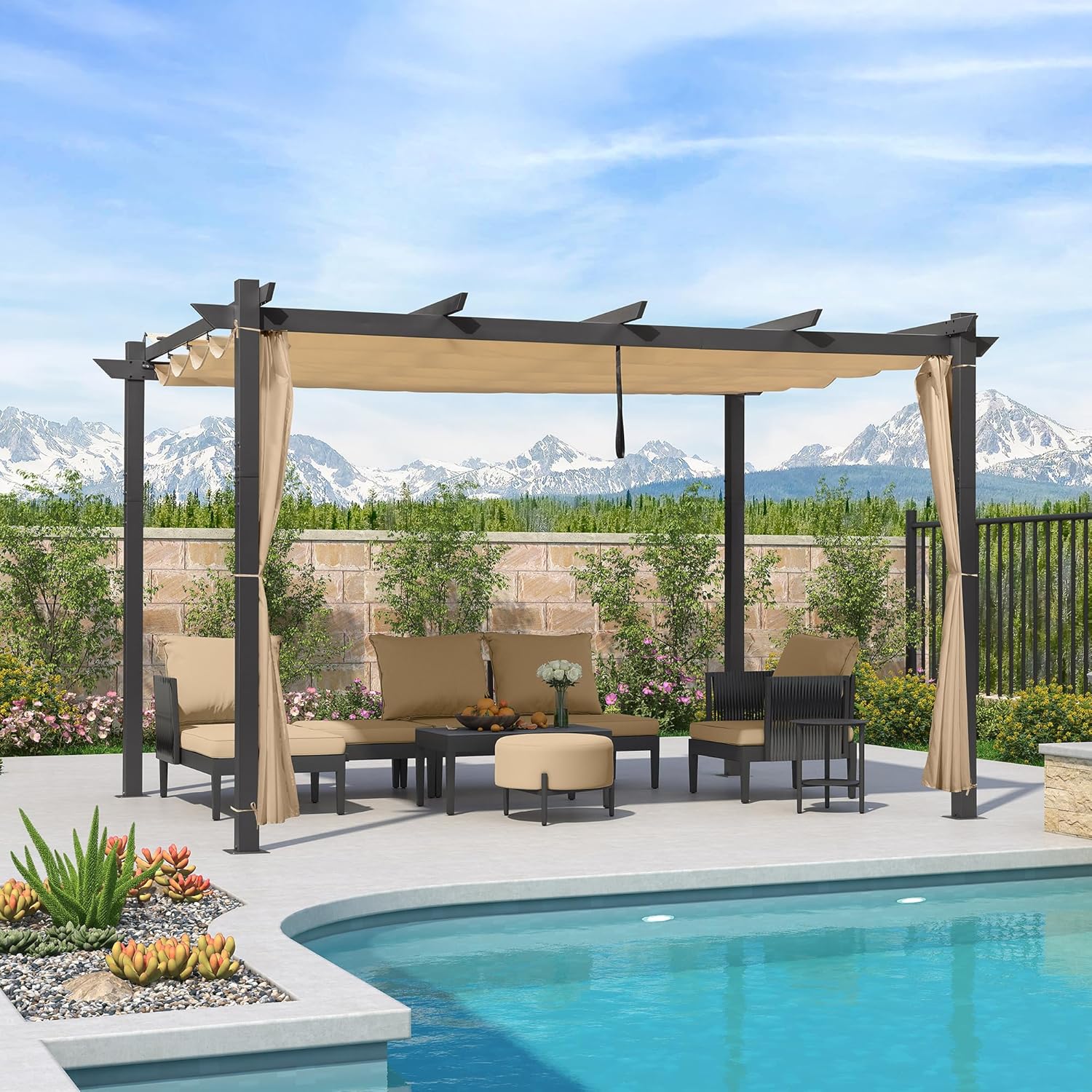 jardinito - pergola aluminium - 4x3m - rideau, toit rétractable, kaki