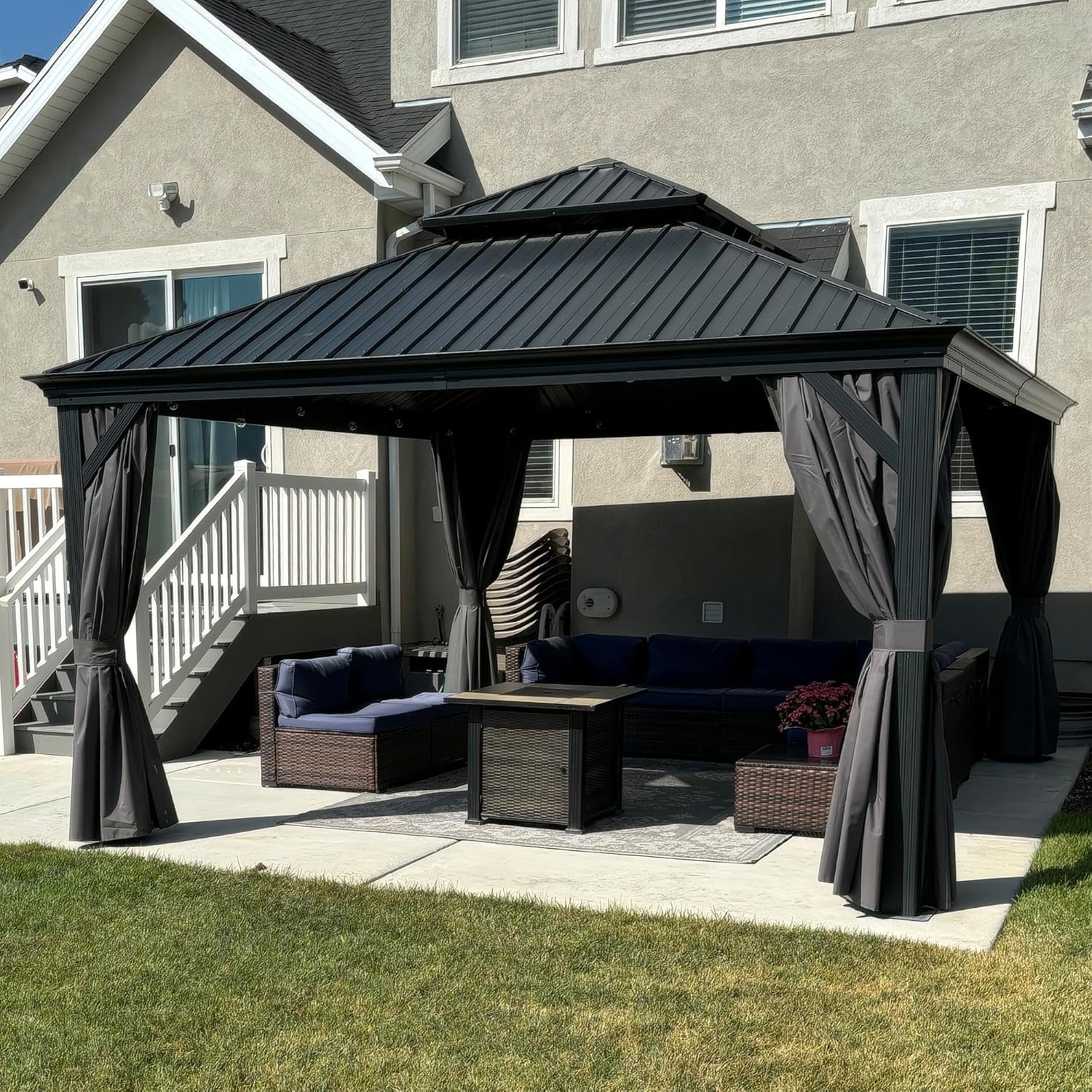 jardinito - tonnelle double toit acier 4x4m, rideaux, moustiquaire