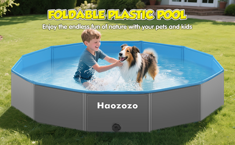 Grande « piscine en plastique pliable » octogonale de jardinito. Piscine bleue remplie d'eau sur l'herbe, avec un enfant qui éclabousse avec un chien. Texte : « Profitez des joies infinies de la nature avec vos animaux de compagnie et vos enfants