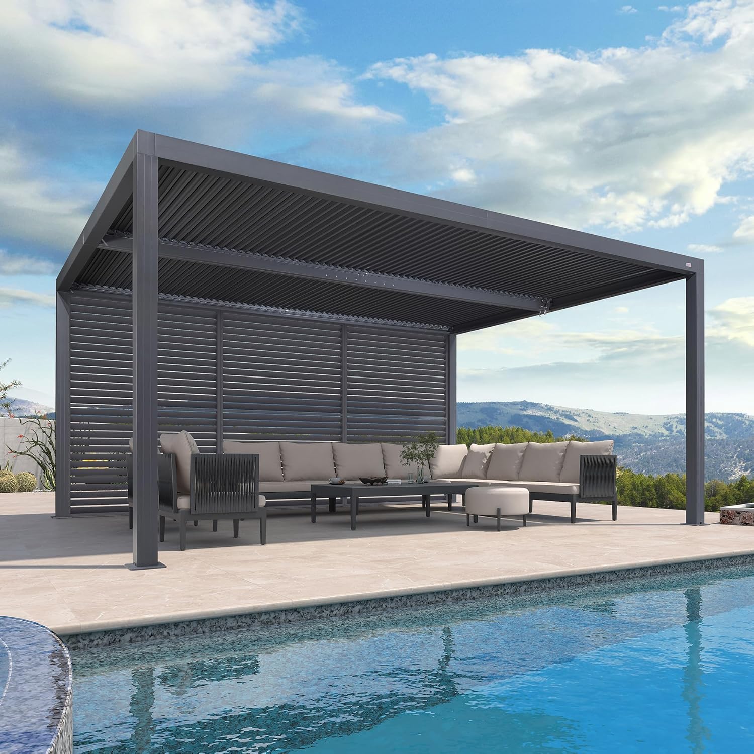 jardinito - Pergola bioclimatique série aluminium - 4,8x3,68m - lames orientables, persiennes fixes, gris