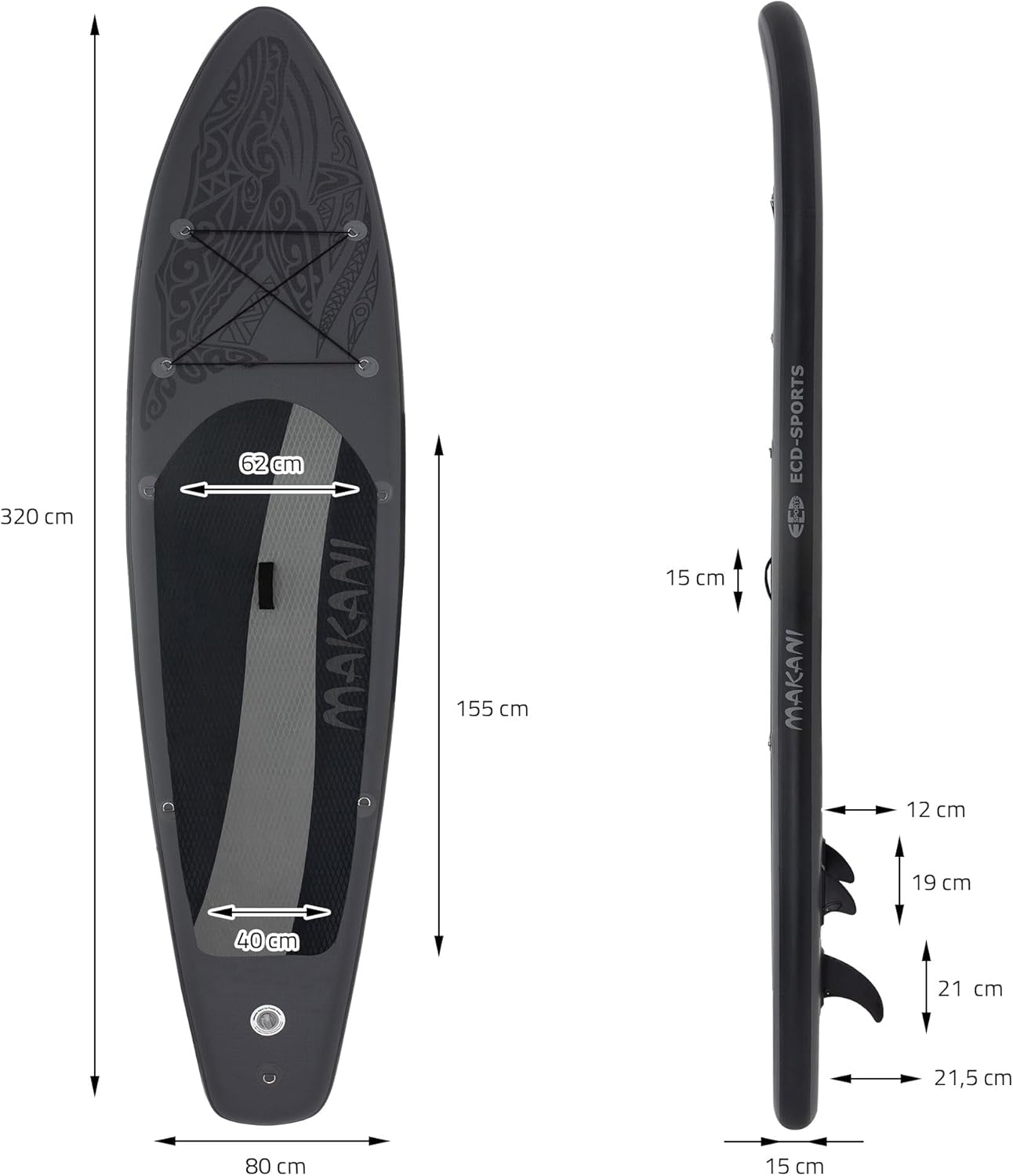 jardinito - Stand Up Paddle Gonflable - 305/308/320/380 cm - PVC, 120/150 kg, épaisseur 10/15 cm