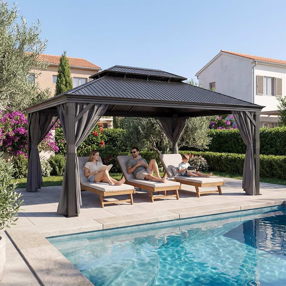 jardinito - Hardtop Pavillon - 3,65x4,85m - Étanche, double toit, stores, moustiquaires