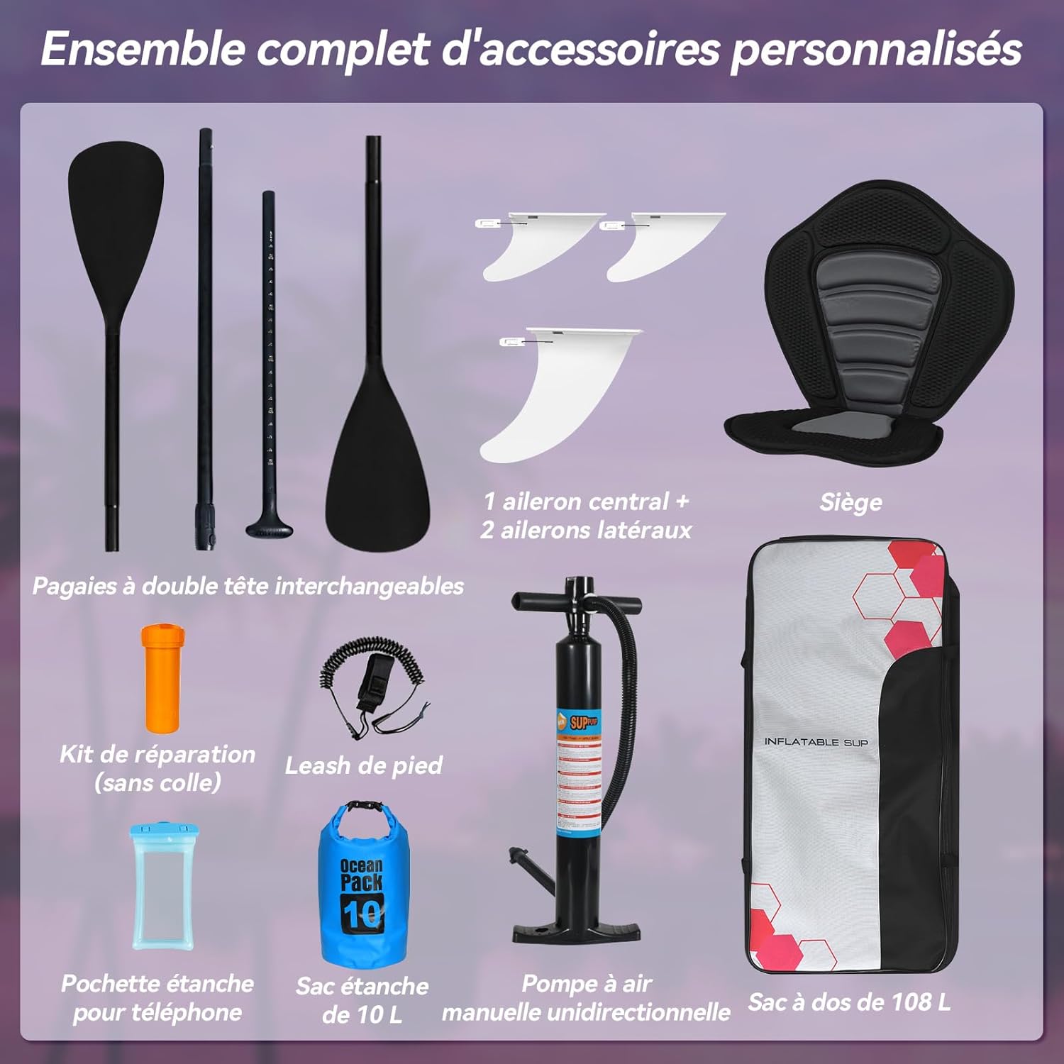 jardinito - Paddle Gonflable Série Adulte - 320/335cm - 2 personnes, siège kayak, pagaie alu, support caméra, jusqu'à 15