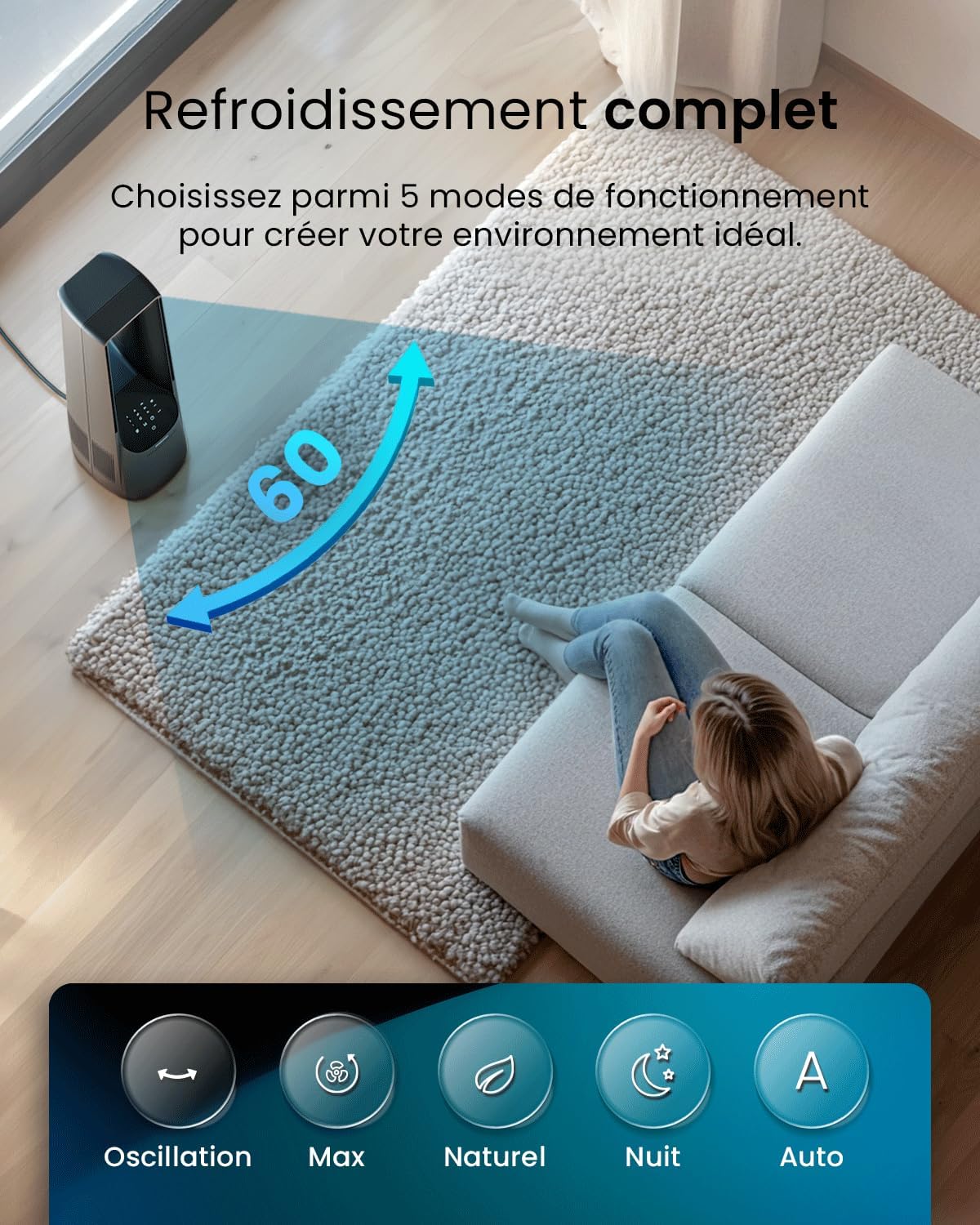 jardinito - Ventilateur colonne sans pales - 101 cm - WiFi, ultra silencieux, LED, télécommande, 6 vitesses, 5 modes, o